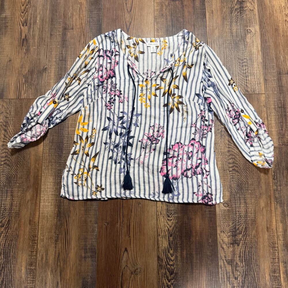 Tribal Jeans Women’s Small Petite Floral Stripe Peasant Blouse Tassel 3/4 Sleeve